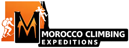 Morocco Climbing Expeditions logo with mountain and climber illustration